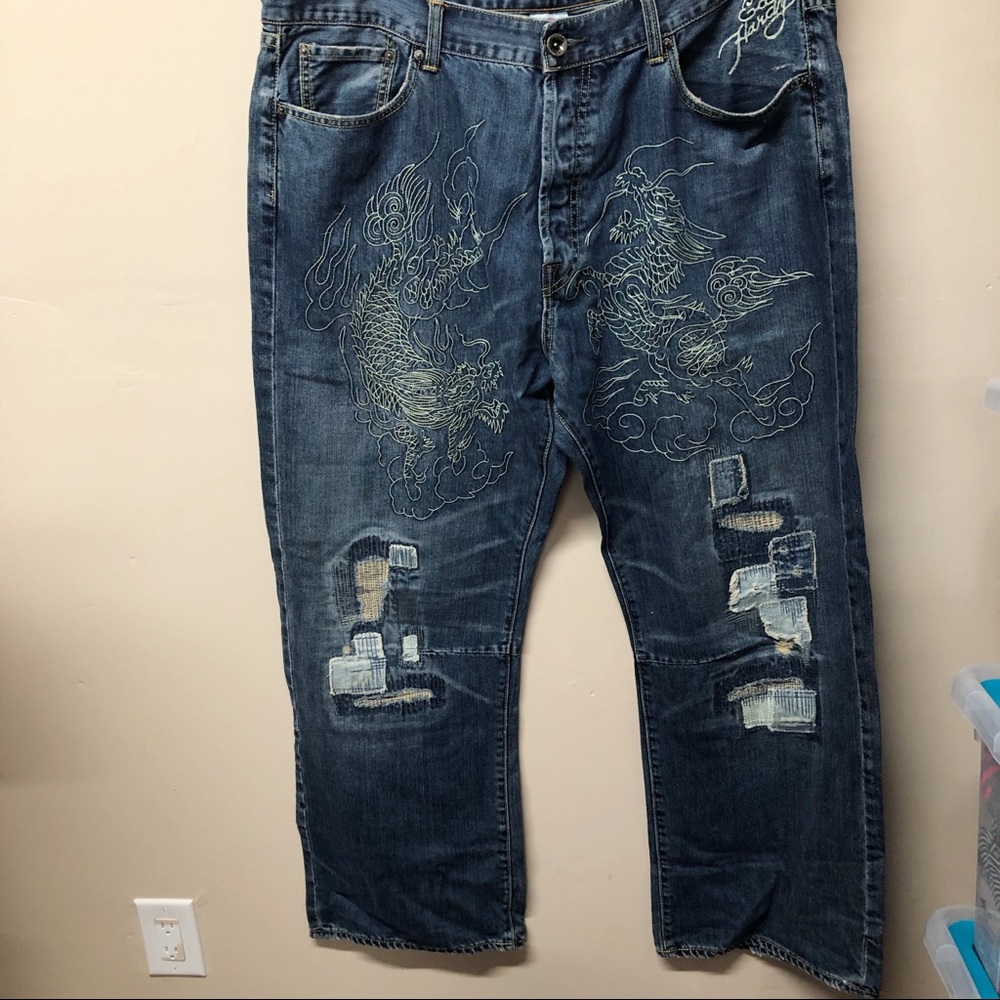 Ed Hardy Dragon Embroidered Spellout Jeans 42